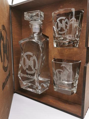 POST WAR 3-PIECES WHISKY SET IN WOODEN CASE STAMPED WAFFEN SS - AMAZE YOUR FRIENDS !!