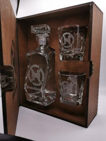 POST WAR 3-PIECES WHISKY SET IN WOODEN CASE STAMPED WAFFEN SS - AMAZE YOUR FRIENDS !!