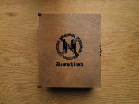 POST WAR 3-PIECES WHISKY SET IN WOODEN CASE STAMPED WAFFEN SS - AMAZE YOUR FRIENDS !!