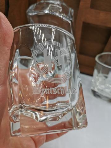 POST WAR 3-PIECES WHISKY SET IN WOODEN CASE STAMPED WAFFEN SS - AMAZE YOUR FRIENDS !!