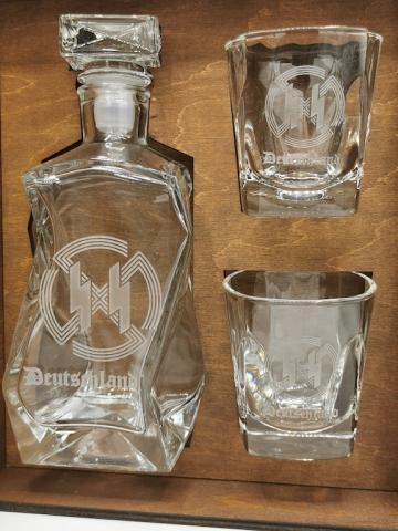 POST WAR 3-PIECES WHISKY SET IN WOODEN CASE STAMPED WAFFEN SS - AMAZE YOUR FRIENDS !!