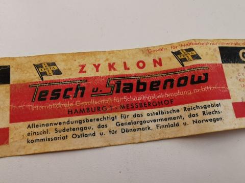 WW2 GERMAN NAZI HOLOCAUST RARE ZYKLON B CANISTER LABEL GIFTGAS GAS GAZ CONCENTRATION CAMP ORIGINAL CAN