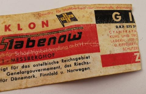 WW2 GERMAN NAZI HOLOCAUST RARE ZYKLON B CANISTER LABEL GIFTGAS GAS GAZ CONCENTRATION CAMP ORIGINAL CAN