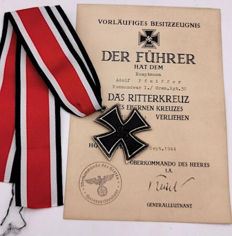 WW2 GERMAN NAZI KNIGHT CROSS OF THE IRON CROSS MEDAL AWARD DOCUMENT RECIPIENT waffen ss officer