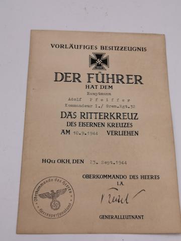 WW2 GERMAN NAZI KNIGHT CROSS OF THE IRON CROSS MEDAL AWARD DOCUMENT RECIPIENT waffen ss officer