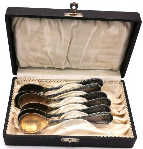 WW2 GERMAN NAZI SET WAFFEN SS TOTENKOPF SPOONS CASE SKULL SILVERWARE ORIGINAL