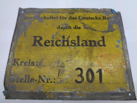 WW2 GERMAN NAZI RARE CONCENTRATION CAMP DACHAU "THIS LAND IS OWNED BY THE THIRD REICH DACHAU CAMP" ( REICHSLAND ) PANEL SIGN WITH STAMP