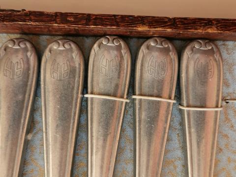 WW2 GERMAN NAZI ADOLF HITLER PERSONAL CUTLERY CASE SPOON KNIFE FORK AH MONOGRAM ORIGINAL FOR SALE