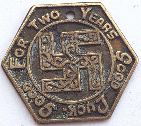 PRE WW2 SWASTIKA JETON FOR 2 YEARS OF GOOD LUCK PIN BADGE USA