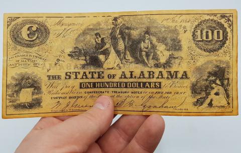 VINTAGE ONE HUNDRED DOLLARS FROM THE STATE OF ALABAMA USA CONFEDERATE TREASURY NOTES 1864 NUMBERED