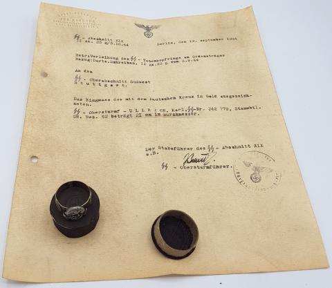 WW2 GERMAN NAZI AMAZING SET WAFFEN SS TOTENKOPF RING IN CASE WITH AWARD DOCUMENT