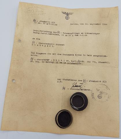 WW2 GERMAN NAZI AMAZING SET WAFFEN SS TOTENKOPF RING IN CASE WITH AWARD DOCUMENT