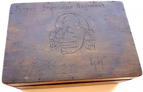 WW2 GERMAN NAZI AMAZING WAFFEN SS PANZER GRENADIER TOTENKOPF REGIMENT - WOODEN CASE CARVED CUSTOM BY A SS PANZER SOLDIER