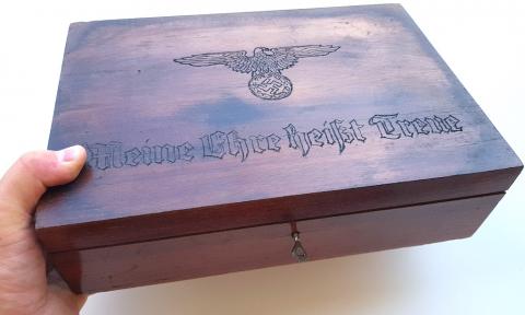WW2 GERMAN NAZI AMAZING WAFFEN SS WOODEN CASE CARVED CUSTOM BY A SS SOLDIER - SS EAGLE + SS DAGGER MOTTO