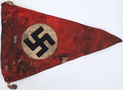 WW2 GERMAN NAZI III REICH NSDAP CAR PENNANT FLAG BOTH SIDES, WITH SWASTIKA