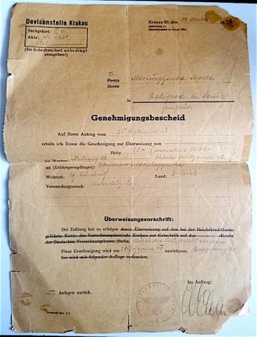 WW2 GERMAN NAZI HOLOCAUST CONCENTRATION CAMP AUSCHWITZ INMATE PERMISSION TO GO OUT OF AUSCHWITZ CAMP DOCUMENT STAMPED AND SIGNED