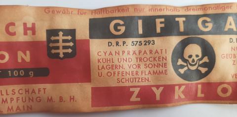 WW2 GERMAN NAZI HOLOCAUST CONCENTRATION CAMP ZYKLON B CANISTER LABEL JEW JEWISH JUDE JOOD