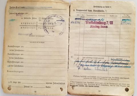 WW2 GERMAN NAZI LUTFWAFFE PILOT SOLDBUCH ENTRIES STAMPS SOLDIER ID LIEUTENANT WEHRPASS HEER