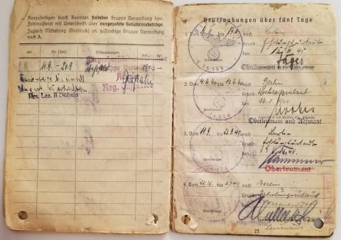 WW2 GERMAN NAZI LUTFWAFFE PILOT SOLDBUCH ENTRIES STAMPS SOLDIER ID LIEUTENANT WEHRPASS HEER