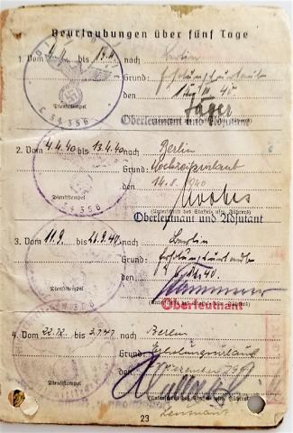 WW2 GERMAN NAZI LUTFWAFFE PILOT SOLDBUCH ENTRIES STAMPS SOLDIER ID LIEUTENANT WEHRPASS HEER