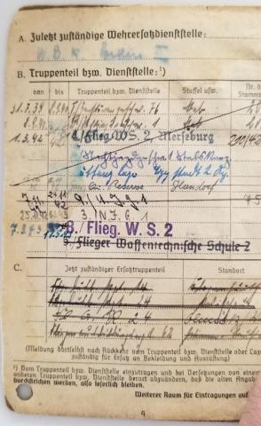 WW2 GERMAN NAZI LUTFWAFFE PILOT SOLDBUCH ENTRIES STAMPS SOLDIER ID LIEUTENANT WEHRPASS HEER
