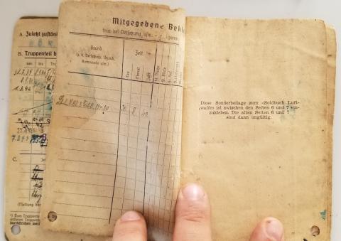 WW2 GERMAN NAZI LUTFWAFFE PILOT SOLDBUCH ENTRIES STAMPS SOLDIER ID LIEUTENANT WEHRPASS HEER