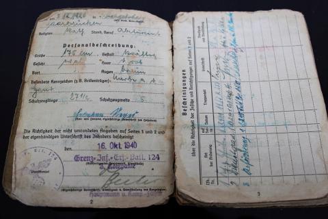 WW2 GERMAN NAZI NICE 124 Spare Border Infantry Battalion SOLDBUCH ID WITH MANY STAMPS AND ENTRIES