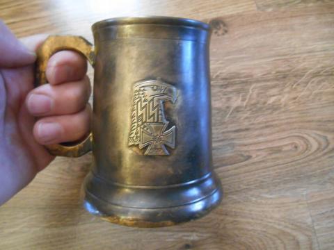 WW2 GERMAN NAZI NICE WAFFEN SS COMMEMORATIVE BEER MUG WITH III REICH EAGLES, IRON CROSS MEDAL & SS RUNES