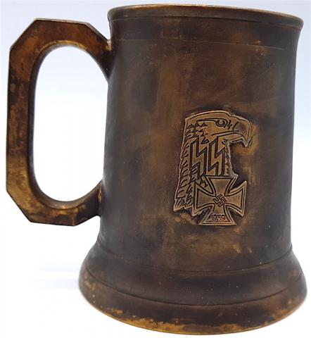 WW2 GERMAN NAZI NICE WAFFEN SS COMMEMORATIVE BEER MUG WITH III REICH EAGLES, IRON CROSS MEDAL & SS RUNES