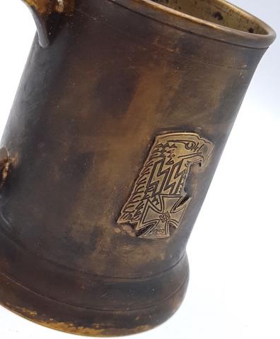 WW2 GERMAN NAZI NICE WAFFEN SS COMMEMORATIVE BEER MUG WITH III REICH EAGLES, IRON CROSS MEDAL & SS RUNES