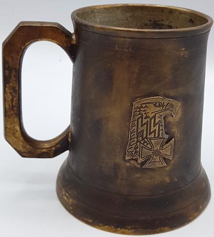 WW2 GERMAN NAZI NICE WAFFEN SS COMMEMORATIVE BEER MUG WITH III REICH EAGLES, IRON CROSS MEDAL & SS RUNES