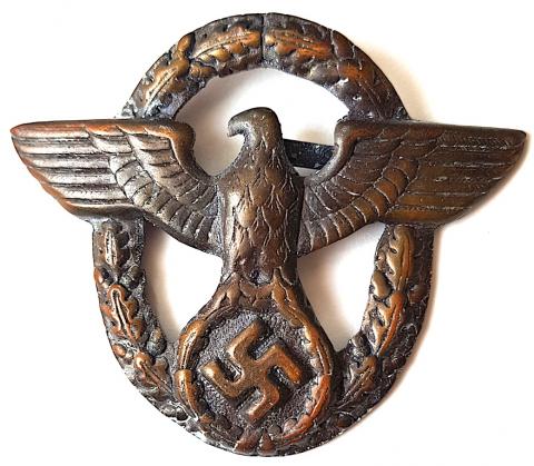 WW2 GERMAN NAZI NICE WAFFEN SS POLIZEI GESTAPO POLICE VISOR CAP EAGLE BADGE INSIGNIA WITH BOTH PRONGS