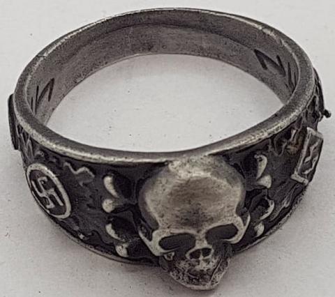 WW2 GERMAN NAZI NICE WAFFEN SS TOTENKOPF RING WITH THE SS RUNES OF THE HONOUR RING (HIMMLER) ON THE INSIDE & marked silver 800