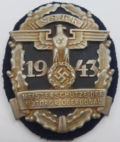 WW2 GERMAN NAZI NSKK N.S.K.K MEISTERSCHUTZE DER MOTORGR. OBERDONAU BADGE AWARD 1943