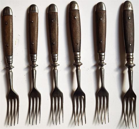 WW2 GERMAN NAZI RARE AND NICE SET OF 6 WAFFEN SS FORKS THIRD REICH SILVERWARE TOTENKOPF PANZER