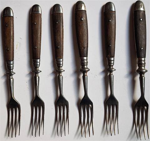 WW2 GERMAN NAZI RARE AND NICE SET OF 6 WAFFEN SS FORKS THIRD REICH SILVERWARE TOTENKOPF PANZER