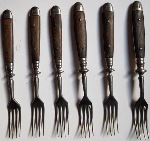 WW2 GERMAN NAZI RARE AND NICE SET OF 6 WAFFEN SS FORKS THIRD REICH SILVERWARE TOTENKOPF PANZER