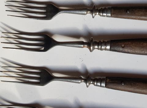 WW2 GERMAN NAZI RARE AND NICE SET OF 6 WAFFEN SS FORKS THIRD REICH SILVERWARE TOTENKOPF PANZER