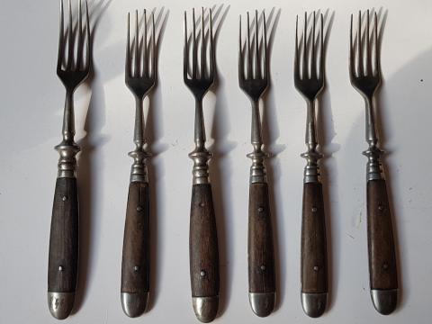 WW2 GERMAN NAZI RARE AND NICE SET OF 6 WAFFEN SS FORKS THIRD REICH SILVERWARE TOTENKOPF PANZER