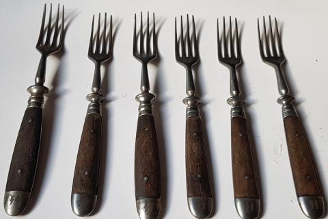 WW2 GERMAN NAZI RARE AND NICE SET OF 6 WAFFEN SS FORKS THIRD REICH SILVERWARE TOTENKOPF PANZER