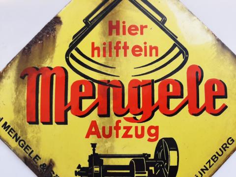 VERY NICE ITEM. AFTER THE WAR, THE FAMILY OF THE UNFAMOUS JOSEF MENGELE, THE DOCTOR IN AUSCHWITZ THAT MADE ALL THESE WEIRD AND UNHUMAN EXPERIMENTATIONS, HAD A MECHANICAL GARAGE AND THIS IS A SIGN.  HIGHLY HISTORICAL ITEM !!!