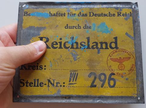 WW2 GERMAN NAZI RARE CONCENTRATION CAMP DACHAU "THIS LAND IS OWNED BY THE THIRD REICH DACHAU CAMP" ( REICHSLAND ) PANEL SIGN WITH STAMP HOLOCAUST JUDE JOOD JUDE
