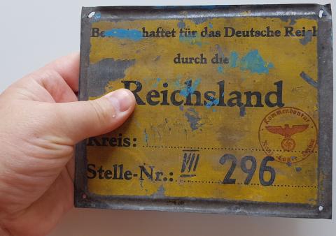 WW2 GERMAN NAZI RARE CONCENTRATION CAMP DACHAU "THIS LAND IS OWNED BY THE THIRD REICH DACHAU CAMP" ( REICHSLAND ) PANEL SIGN WITH STAMP HOLOCAUST JUDE JOOD JUDE