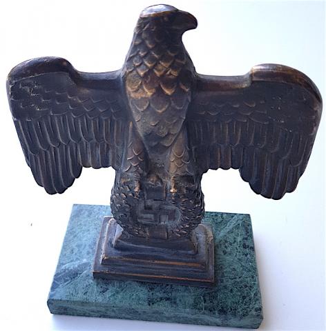 WW2 GERMAN NAZI RARE EARLY NSDAP DESKTOP EAGLE ON MARBLE BASE MADE BY RZM MARKED RZM M3/100 WITH SWASTIKA