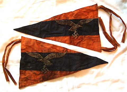 WW2 GERMAN NAZI RARE LUFTWAFFE CAR PENNANT FLAG SET OF 2 WITH THE LUFTWAFFE EAGLE + SWASTIKA