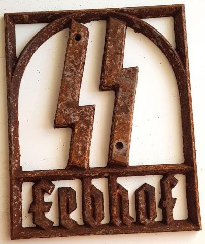 WW2 GERMAN NAZI RARE RELIC FOUND AGRICULTURE LAND CONTROLLED BY THE WAFFEN SS - METAL SIGN ERBHOF SS - FORCED LABOUR