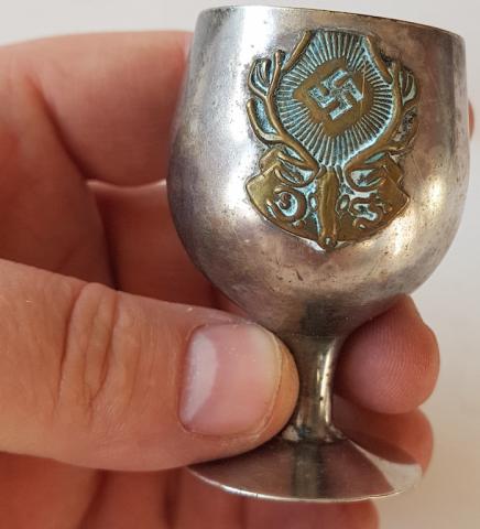 WW2 GERMAN NAZI RARE RELIC FOUND IN HERMANN GOERING CARINHALL HUNTING MANSION HOUSE SILVER CUP WITH THE HUNTING NAZI GOERING LOGO ON IT WOW