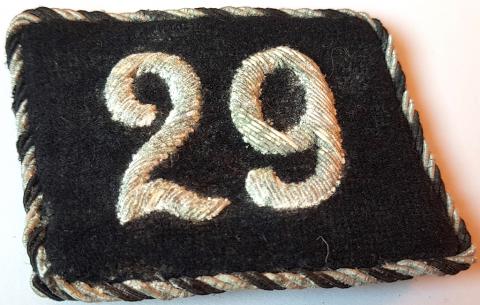 WW2 GERMAN NAZI RARE SS ALLEGEMEINE 29TH REGIMENT DIVISION OFFICER COLLAR TAB WITH RZM TAG