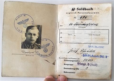 WW2 GERMAN NAZI RARE WAFFEN SS PANZER GRENADIER A.u.E.-Btl 3 SOLDBUCH ID WITH MANY ENTRIES AND THIRD REICH PANZER STAMPS