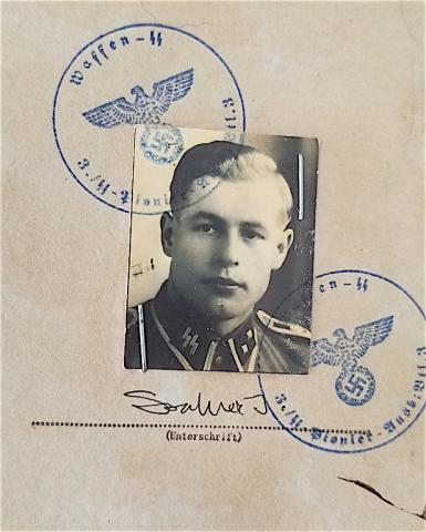 WW2 GERMAN NAZI RARE WAFFEN SS PANZER GRENADIER A.u.E.-Btl 3 SOLDBUCH ID WITH MANY ENTRIES AND THIRD REICH PANZER STAMPS